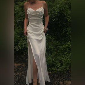 High Slit White Satin Dress